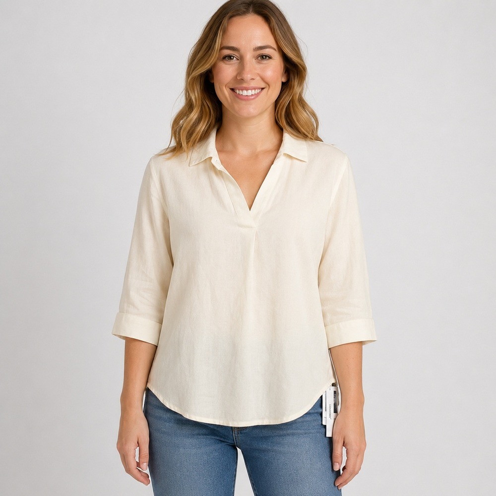 LOMON Women Ivory Linen Blend Collared Split Neck Blouse NWT Size S